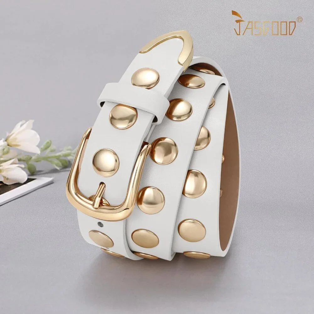 Women's White Fashion Leather Belt Punk Studded Belt for Jeans Pants Dresses